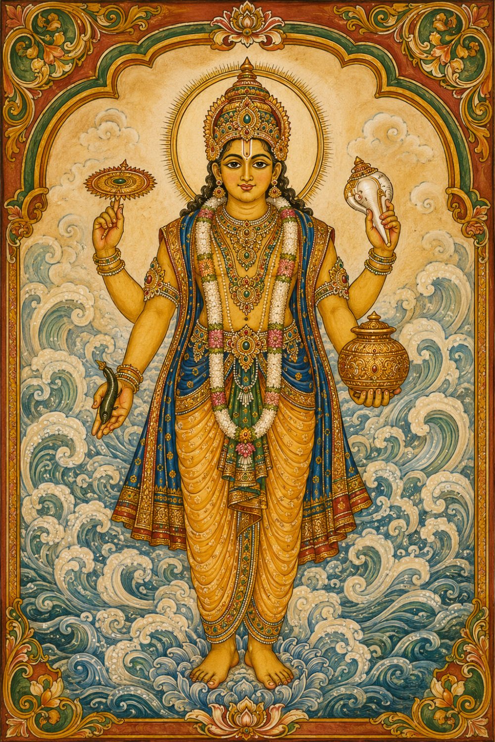 Kerala mural of Lord Dhanwanthari emerging from the Ocean of Milk with the chakra, conch, leech and Amrita Kalasha