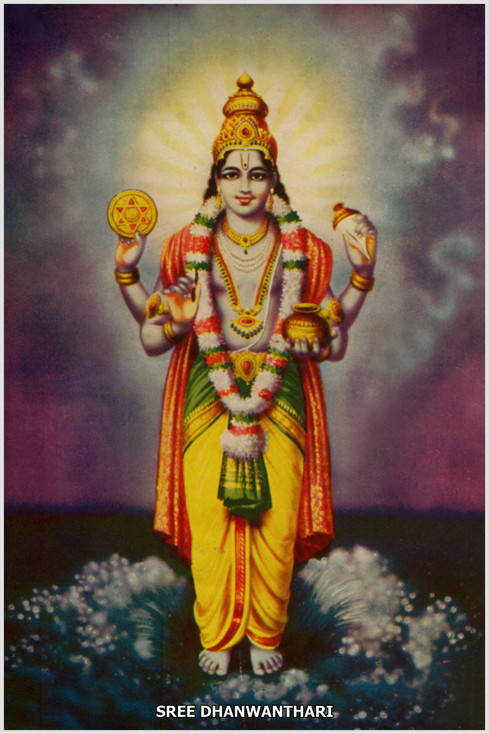 Lord Dhanwanthari, the divine physician, holding the chakra, conch, and the sacred pot of Amrita