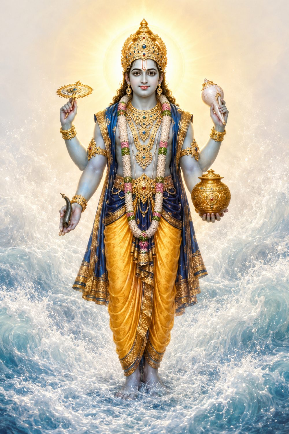 Lord Dhanwanthari rising from the churning Ocean of Milk bearing the sacred pot of Amrita